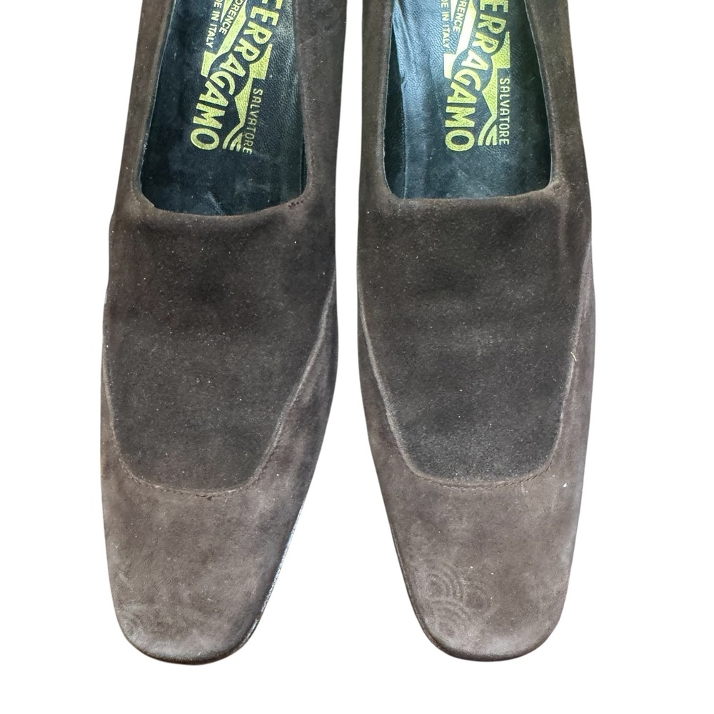 Salvatore Ferragamo Shoes Womens Size 7.5 4A‎ Brown Suede Square Toe Pumps Italy - Picture 2 of 11